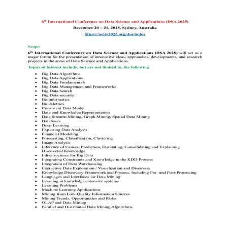 6th International Conference on Data Science and Applications (DSA 2025)
