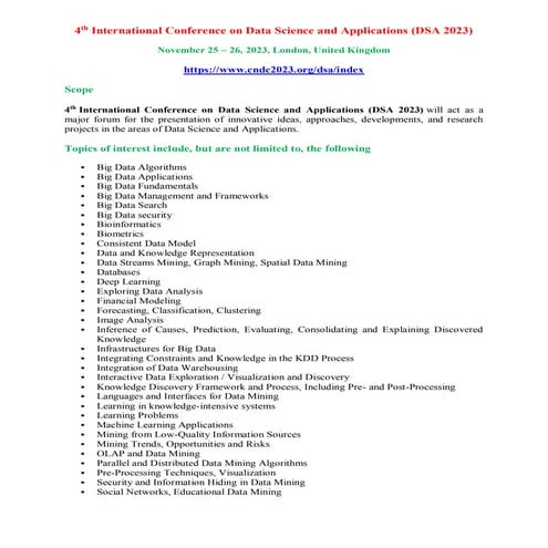 6th International Conference on Data Science and Applications (DSA 2025 ...