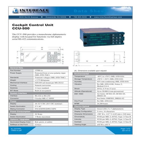 Cockpit Control Unit CCU-500 Data Sheet (Interface Displays)