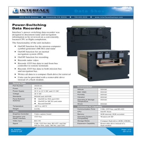 Power-Switching Data Recorder Data Sheet (Interface Displays)