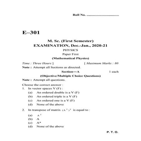 Comprehensive M.Sc. Mathematical Physics Exam Paper with Key Concepts | PDF
