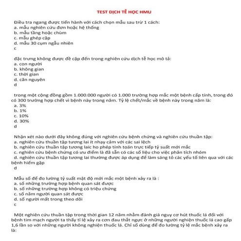 Trắc Nghiệm Dịch Tễ Học - Đại Học Y Hà Nội HMU  Test Dịch Tễ - Trac Nghiem Dich Te YHN