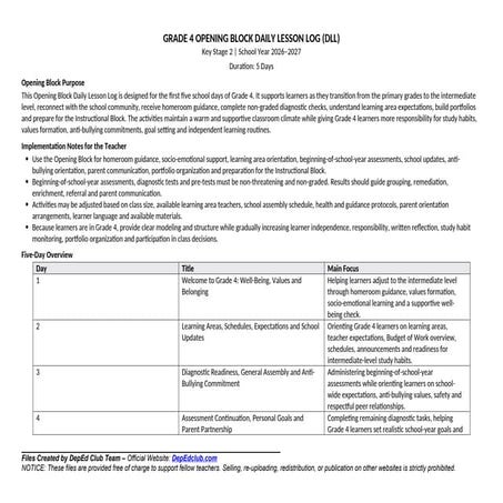 Grade 6 Opening Block Daily Lesson Log for Student Success | DOCX