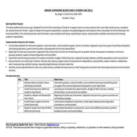 Grade 12 Opening Block Daily Lesson Log for Senior High School Success ...