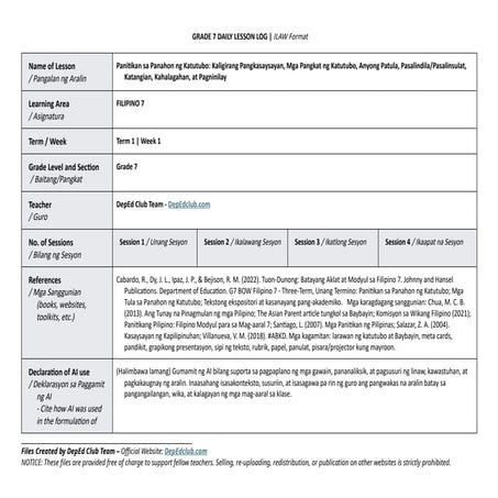ILAW Format Lesson Planning For Filipino 7 Week for 4 days | DOCX