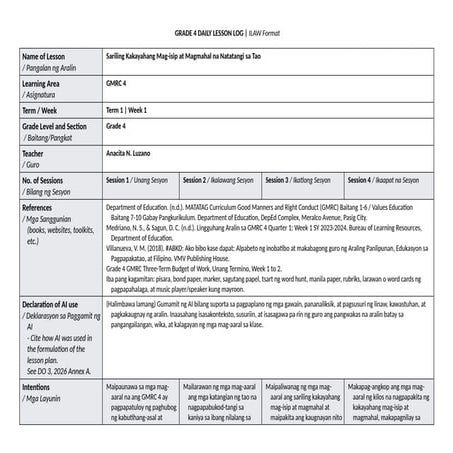 Grade 6 GMRC Lesson on Self-Recognition and Dignity | DOCX
