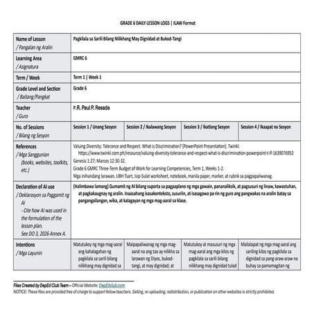 Grade 6 GMRC Lesson Plan on Self-Recognition and Dignity | DOCX