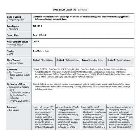 Comprehensive Grade 8 ICT Lesson on Tools, Equipment, and Software | DOCX