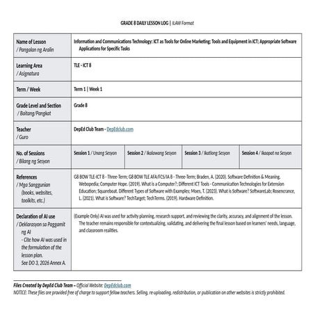 Comprehensive Grade 8 ICT Lesson on Tools, Equipment, and Software | DOCX