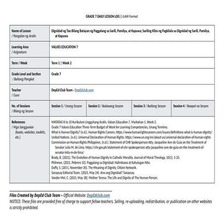 Grade 6 GMRC Lesson Plan on Self-Recognition and Dignity | DOCX