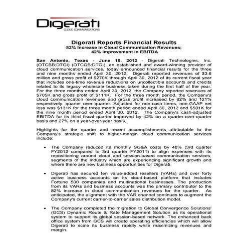 Digerati Reports Financial Results