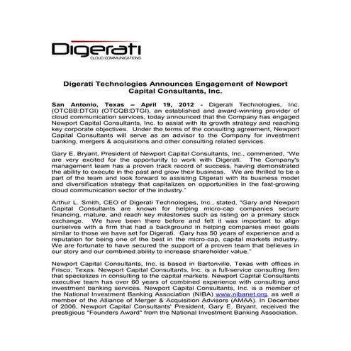 Digerati Technologies Announces Engagement of Newport Capital Consultants, Inc.