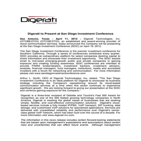 Digerati to Present at San Diego Investment Conference