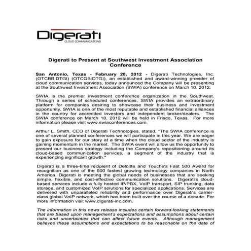 Digerati to Present at Southwest Investment Association Conference