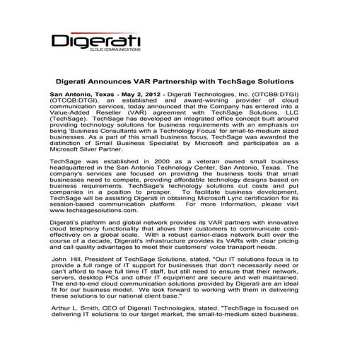 Digerati Announces VAR Partnership with TechSage Solutions