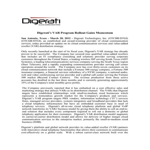 Digerati’s VAR Program Rollout Gains Momentum