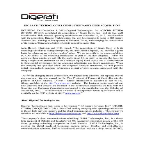 DIGERATI TECHNOLOGIES COMPLETES WASTE DEEP ACQUISITION