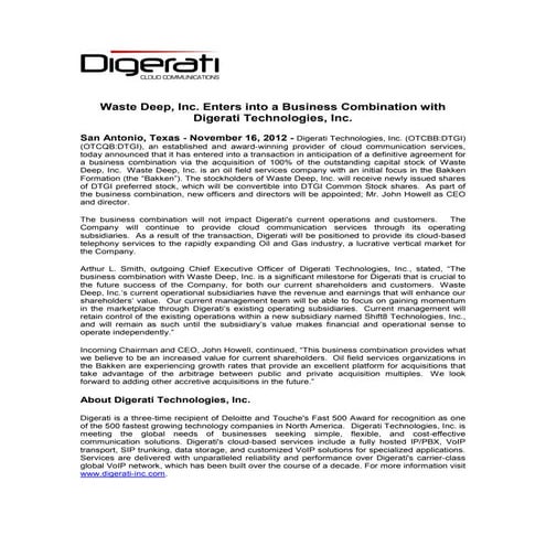 Waste Deep, Inc. Enters into a Business Combination with Digerati Technologies, Inc.