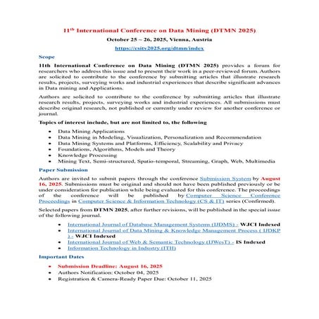 11th International Conference on Data Mining (DTMN 2025)