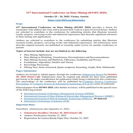 11th International Conference on Data Mining (DTMN 2025) | PDF