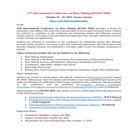 Register Now - 11th International Conference on Data Mining (DTMN 2025)