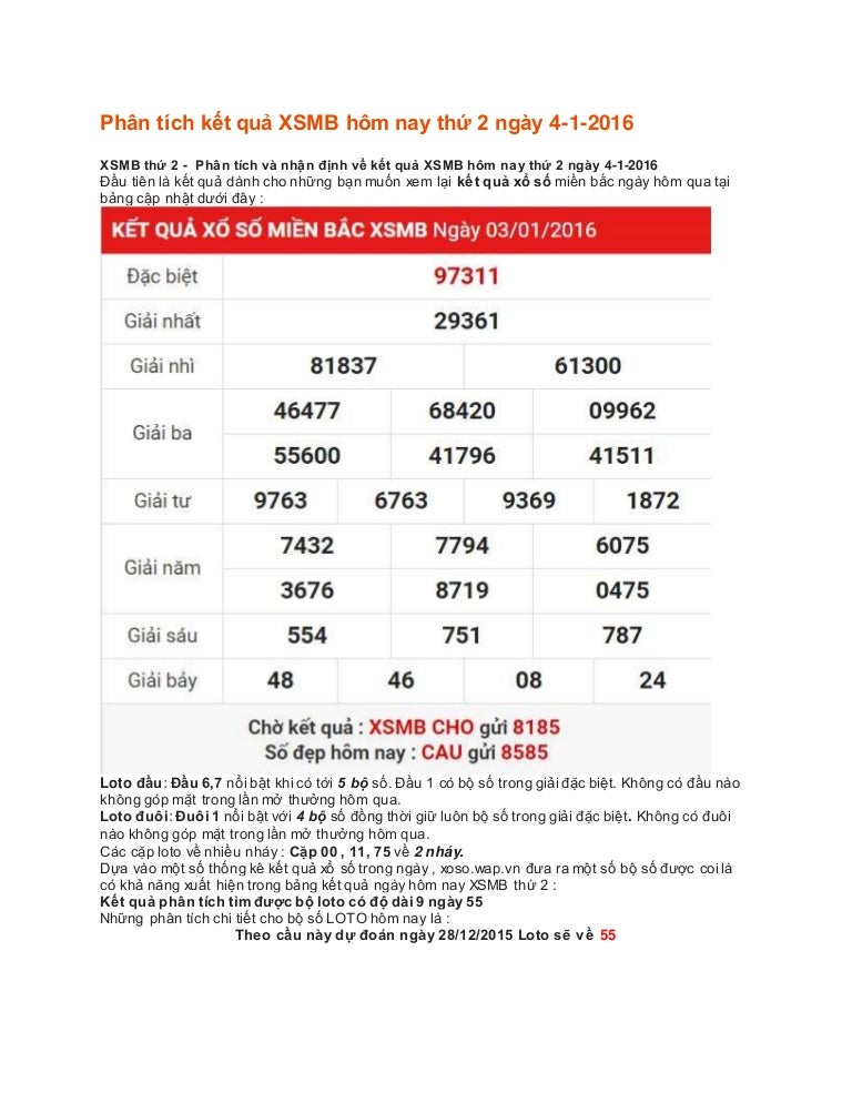 Du doan ket qua xsmb sxmb hom nay thu 2 ngay 4 1 2016