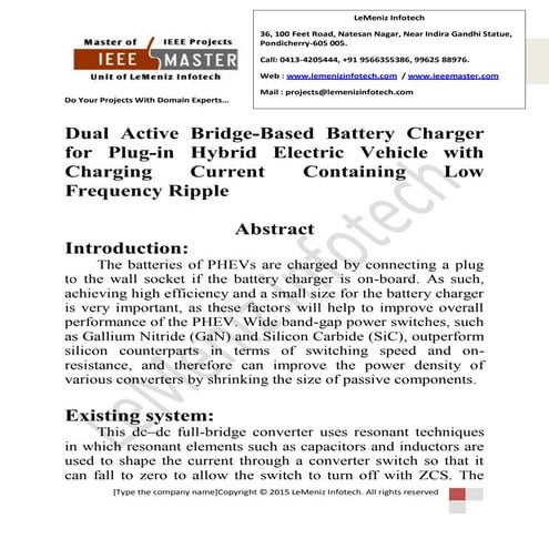 Dual active bridge based battery charger for plug-in hybrid electric vehicle ...