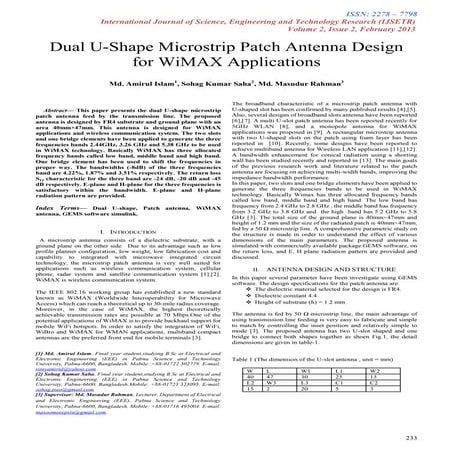 Dual u shape microstrip patch antenna design for wimax application by sohag k...