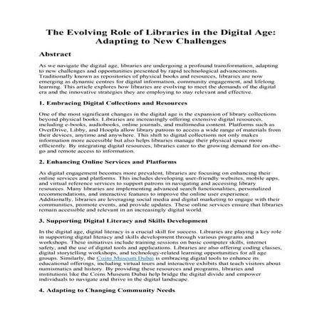 The Evolving Role of Libraries in the Digital Age: Adapting to New Challenges