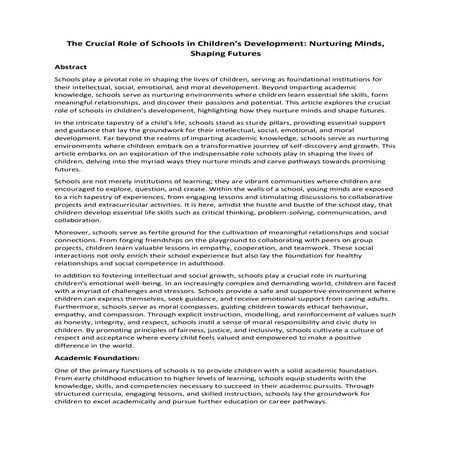 The Crucial Role of Schools in Children's Development: Nurturing Minds, Shapi...