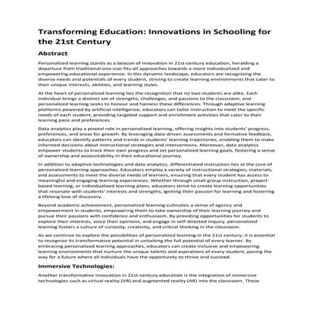 Transforming Education: Innovations in Schooling for the 21st Century