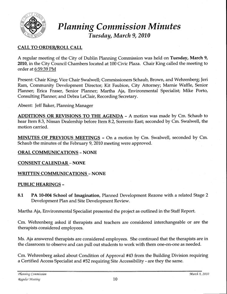 Dublin, CA March 9th Planning Commission Meeting Minutes