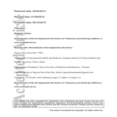 Developmental risk factors in Vietnamese preschool-age children: Cross-sectional survey
