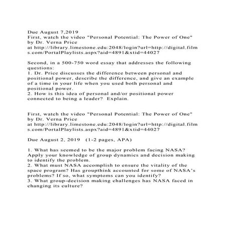 Due August 7,2019First, watch the video Personal Potential The.docx