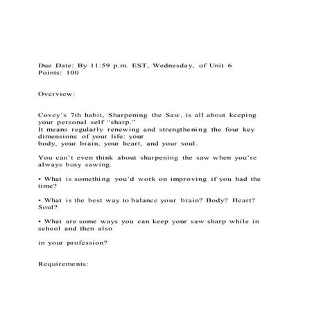 Due date by 1159 p.m. est, wednesday, of unit 6 points 