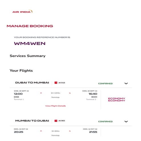 Air India Dummy Flight Ticket Sample PDF
