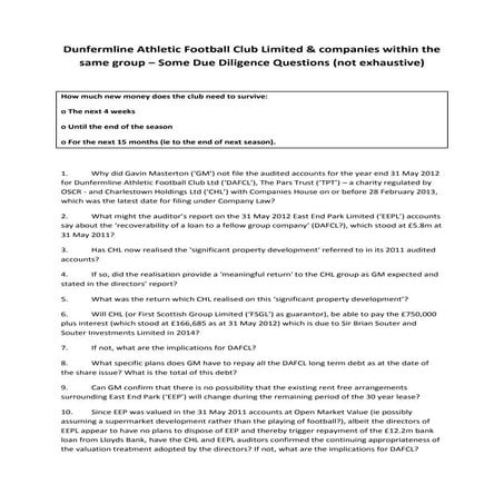 Dunfermline Athletic Due Diligence Questions 18 March 2013
