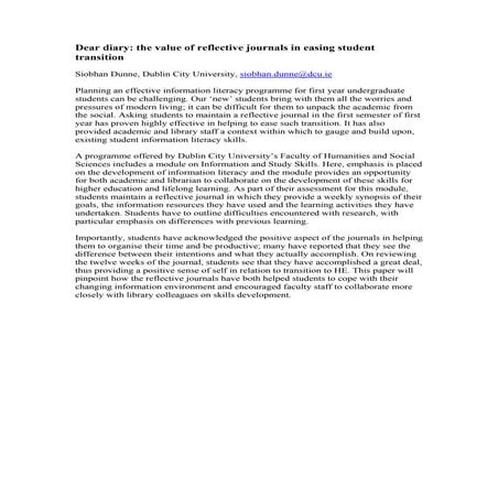 Dunne - Dear diary: the value of reflective journals in easing student transi...