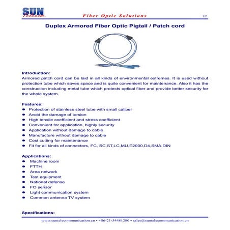 Duplex Armored Fiber Optic Pigtail Patch Cord
