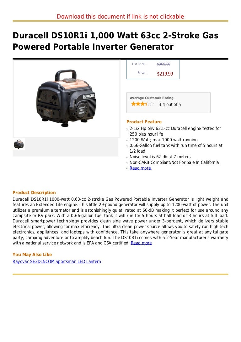 Duracell ds10 r1i 1,000 watt 63cc 2 stroke gas powered portable inver…