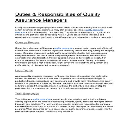 What Is The Duties Of Quality Assurance Manager