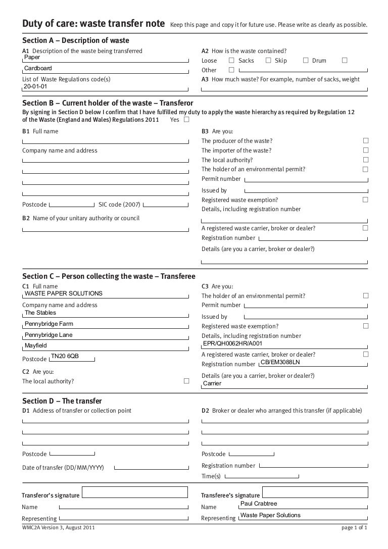 Waste Consignment Note Template