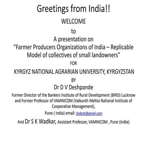 Farmer Producer Organization FPO of India Presentation for international conf...