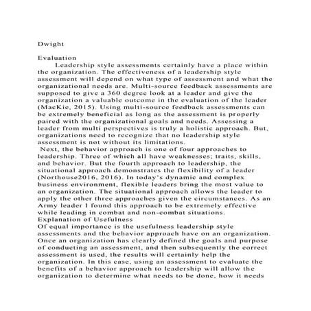 DwightEvaluation       Leadership style assessments certainl.docx