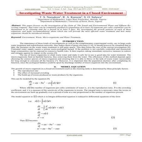 Investigating Waste Water Treatment in a Closed Environment