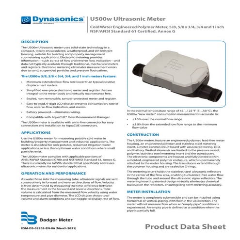 Dynasonics u500w datasheet badger meter ultrasonic cold water meter_product l...