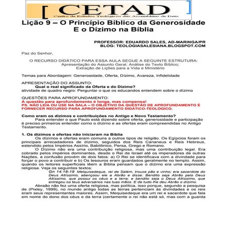 Licao 9 - Generosidade e Dízimo na Biblia