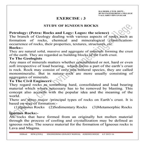 E.g  ex 3 igneous rocks (2015-16 )