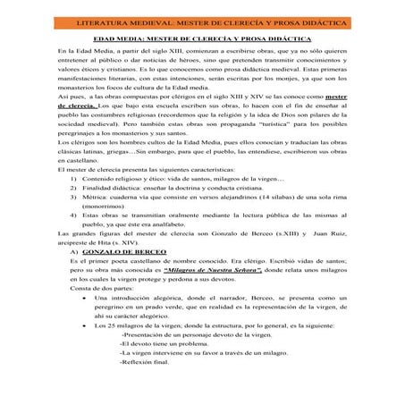 Edad Media: Mester de clerecía y prosa didáctica castellana. Teoría y activid...
