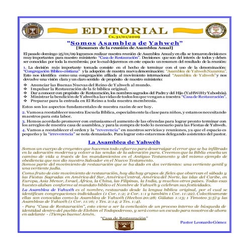 Editorial - Somos Asamblea de Yahweh - 31/01/2009